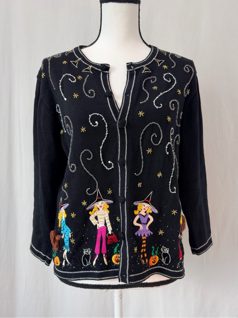 Jack B Quick Halloween Witch Pumpkin beaded embroidered Black Sweater Medium Vtg